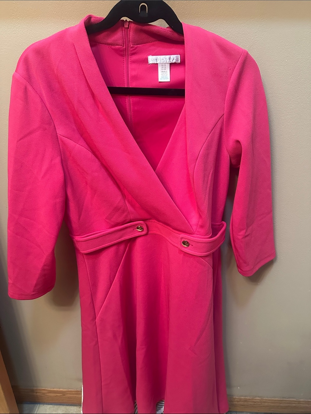 London Times Hot Pink V-Neck Wrap Dress with Buttoned Waist